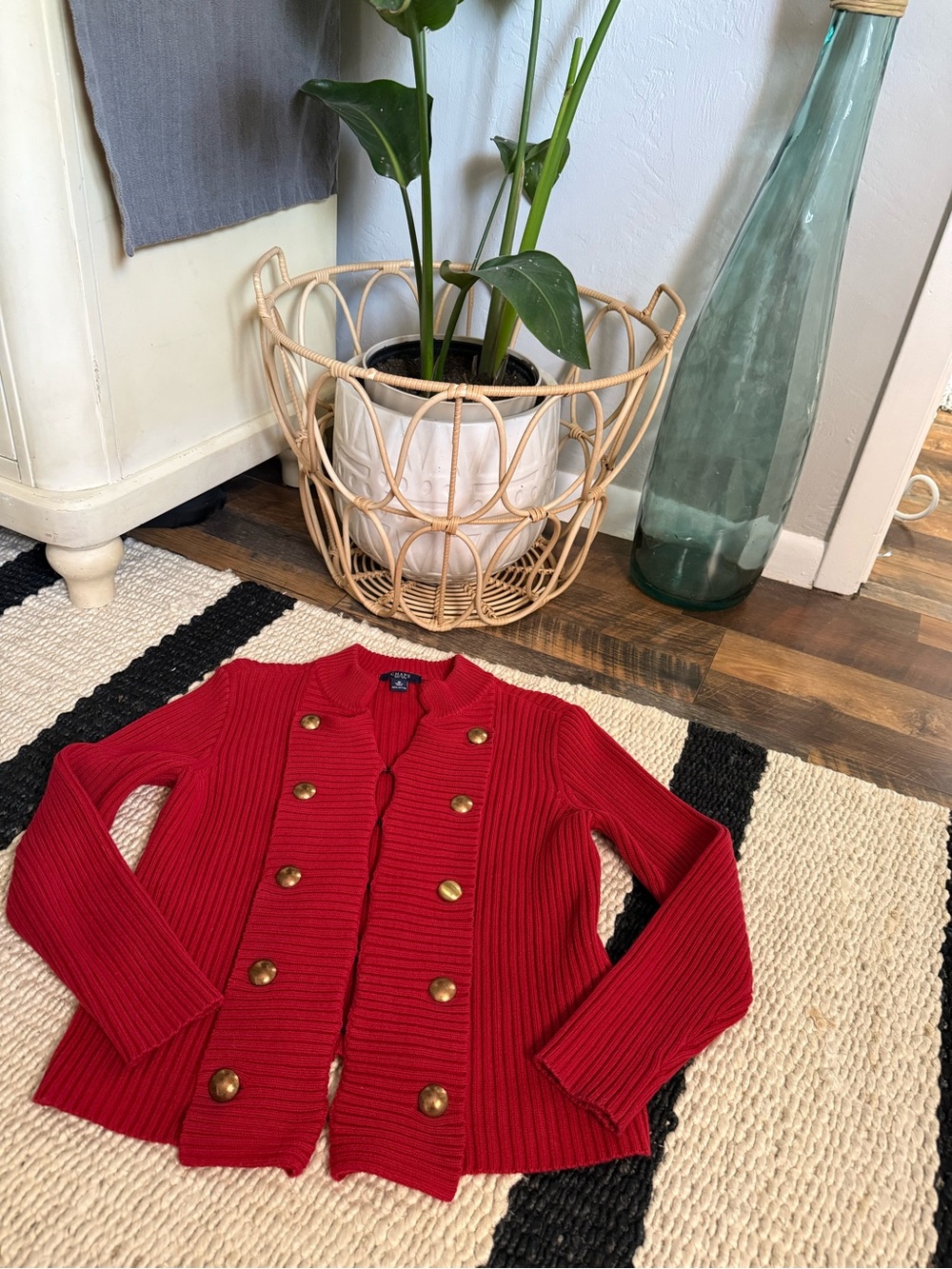 CHAPS Sweater Cardigan Jacket Double Breasted Red Ribbed Detail Womens